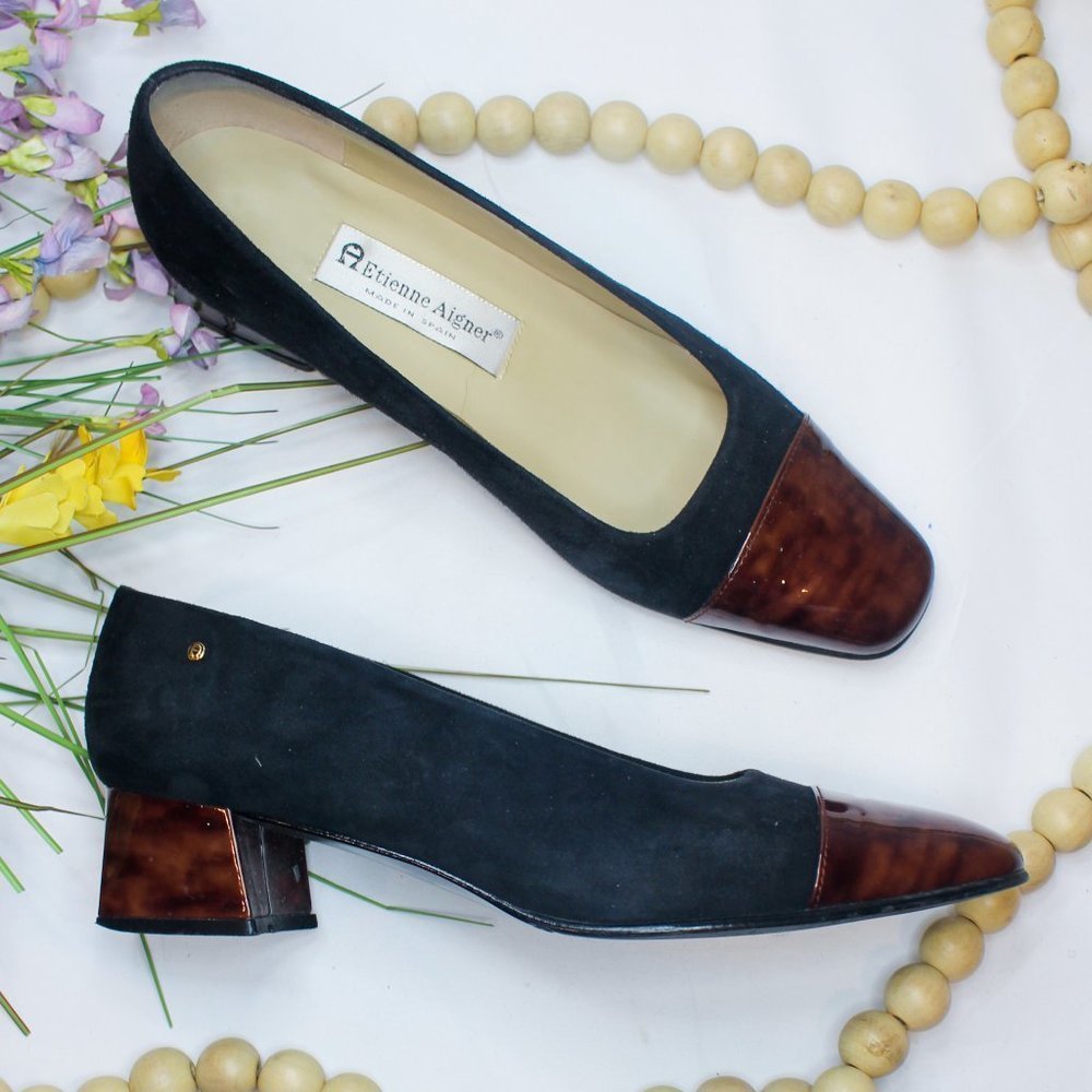 Vintage Etienne Aigner Black Suede Brown Tortoise Shell Block Heel 90s 8.5 Pumps